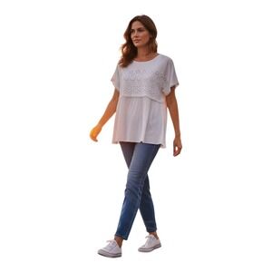 Studio West Apparel Women's L White Embroidered Cut Out Top Gauze Bottom Top